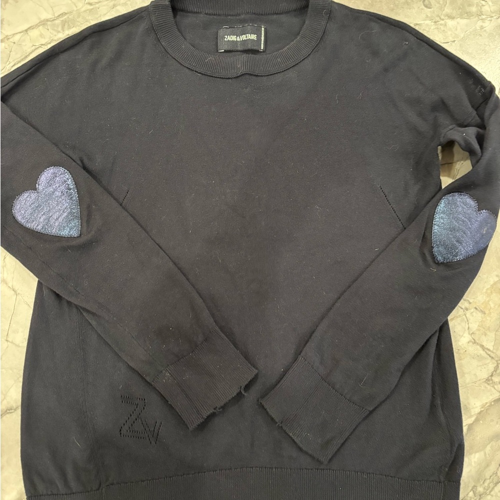 Zadig & Voltaire Navy Blue Cici Patch sweater with Heart Accents.